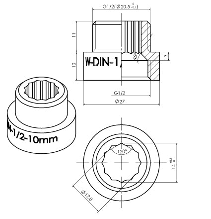 Lijntekening Kraanverlengkoppeling 1/2 x 10 chroom