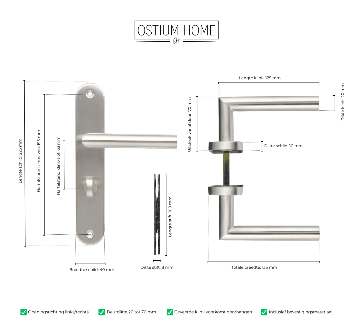 Maattekening van deurklink Volano in RVS met WC-sluiting 63 mm
