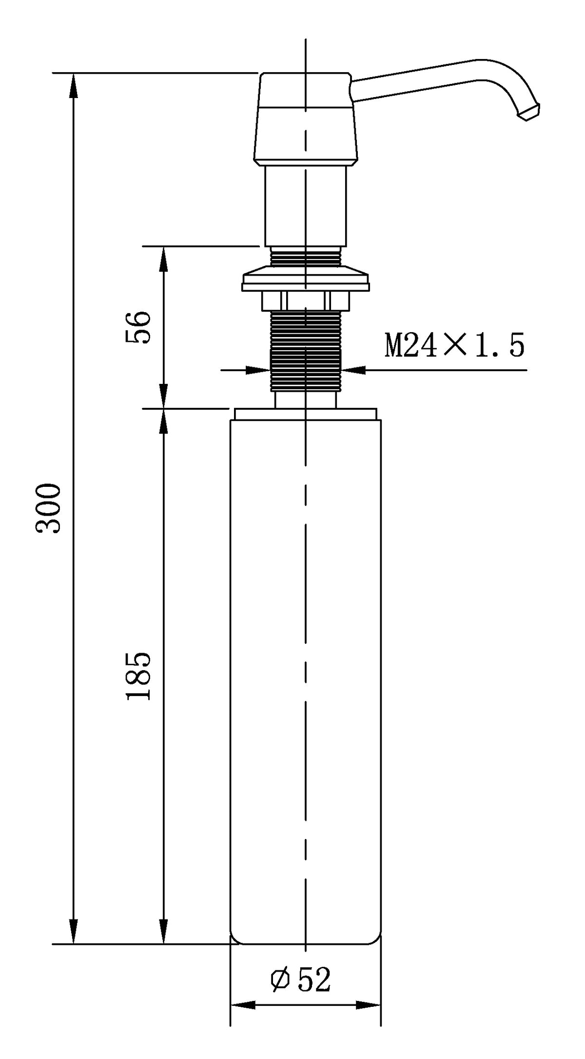 Lijntekening Inbouw zeeppompje met kunststof fles 250ml geborsteld koper