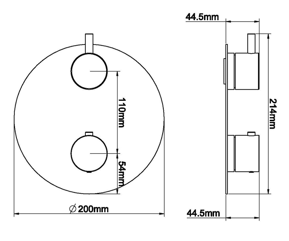 Maattekening Caral afbouwdeel rond inbouwthermostaat 2 weg Chroom