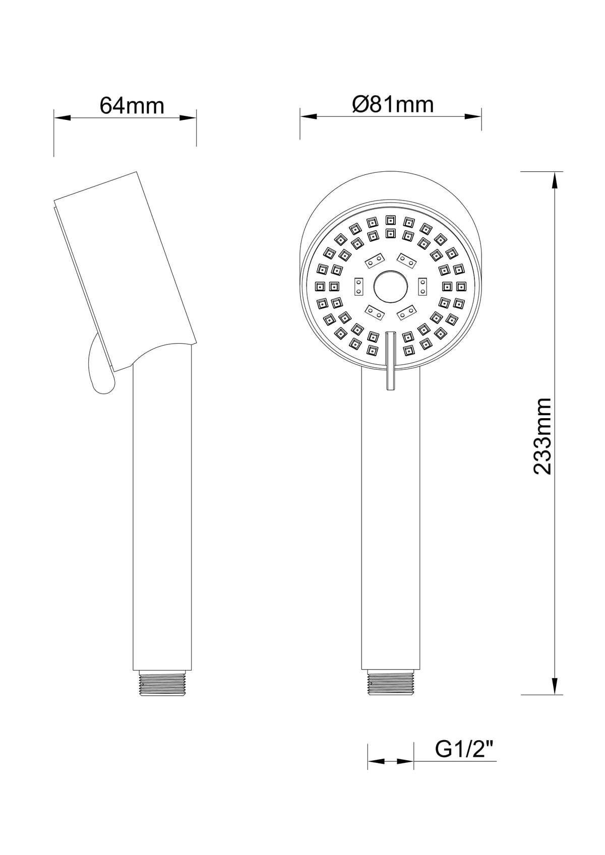 Maattekening UniMatch Cadans handdouche 3 standen Ø8cm Mat zwart
