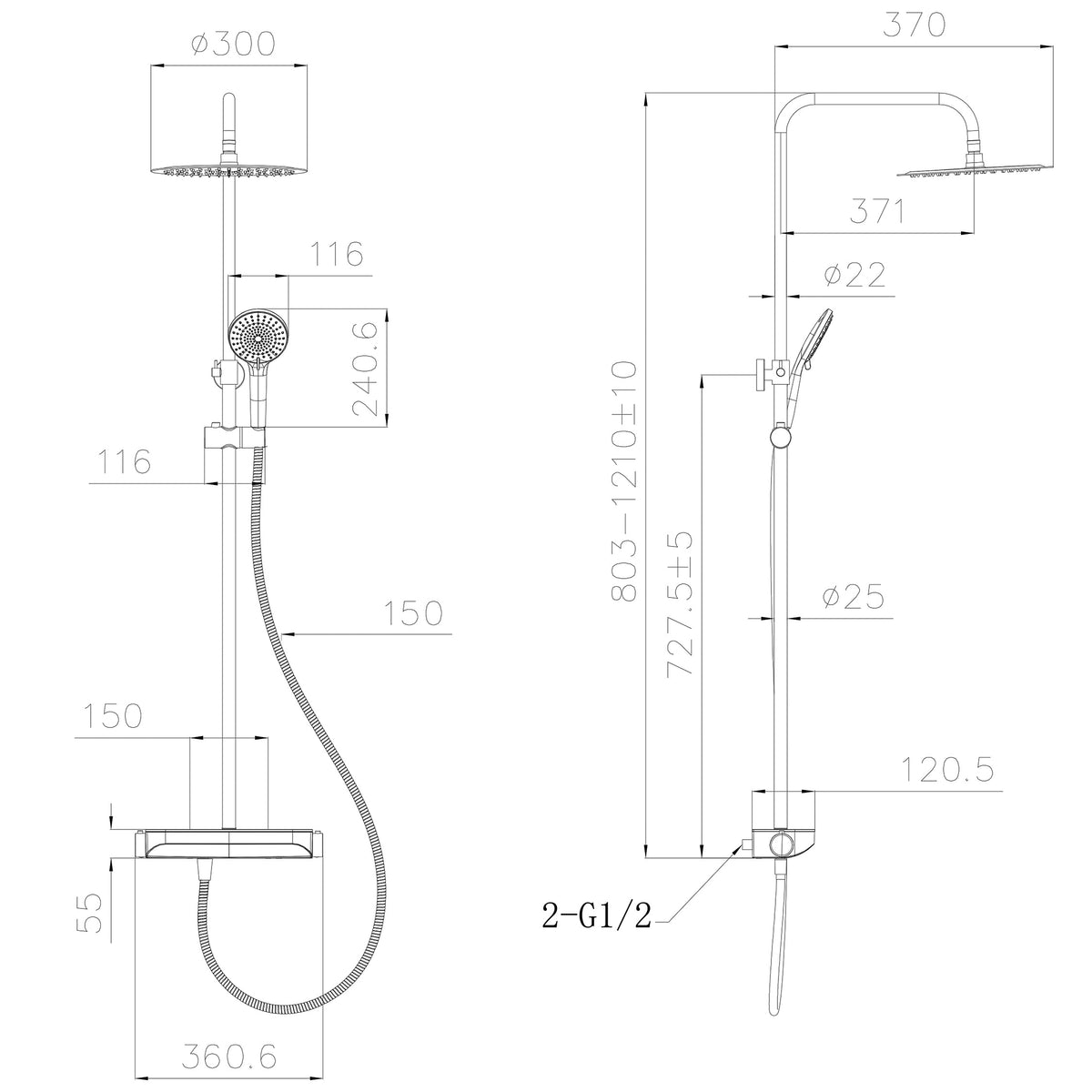 Maattekening Tondell thermostatische regendoucheset opbouw met planchet Chroom