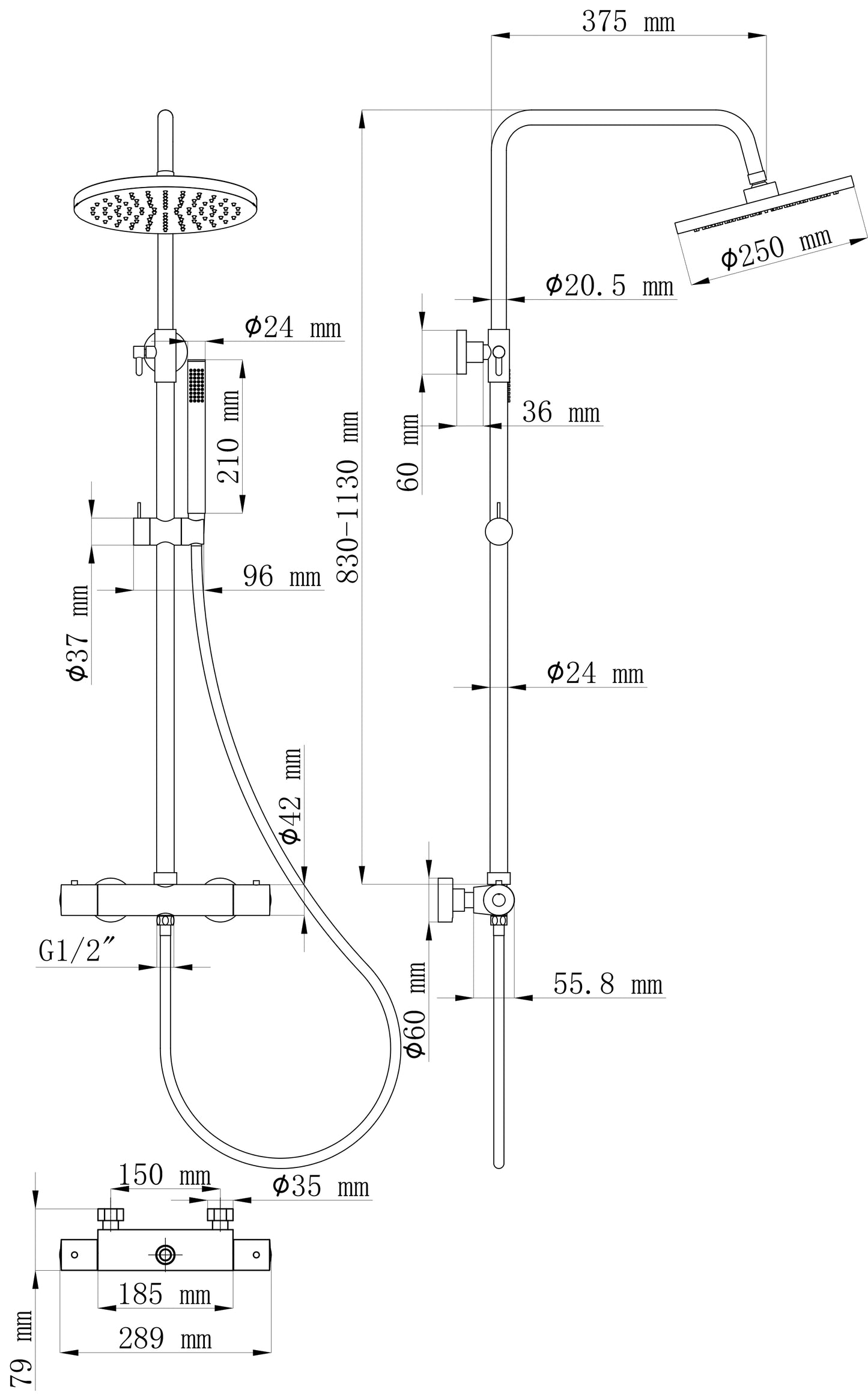 Caral thermostatische regendoucheset | Opbouw | Geborsteld staal PVD - WDtegels