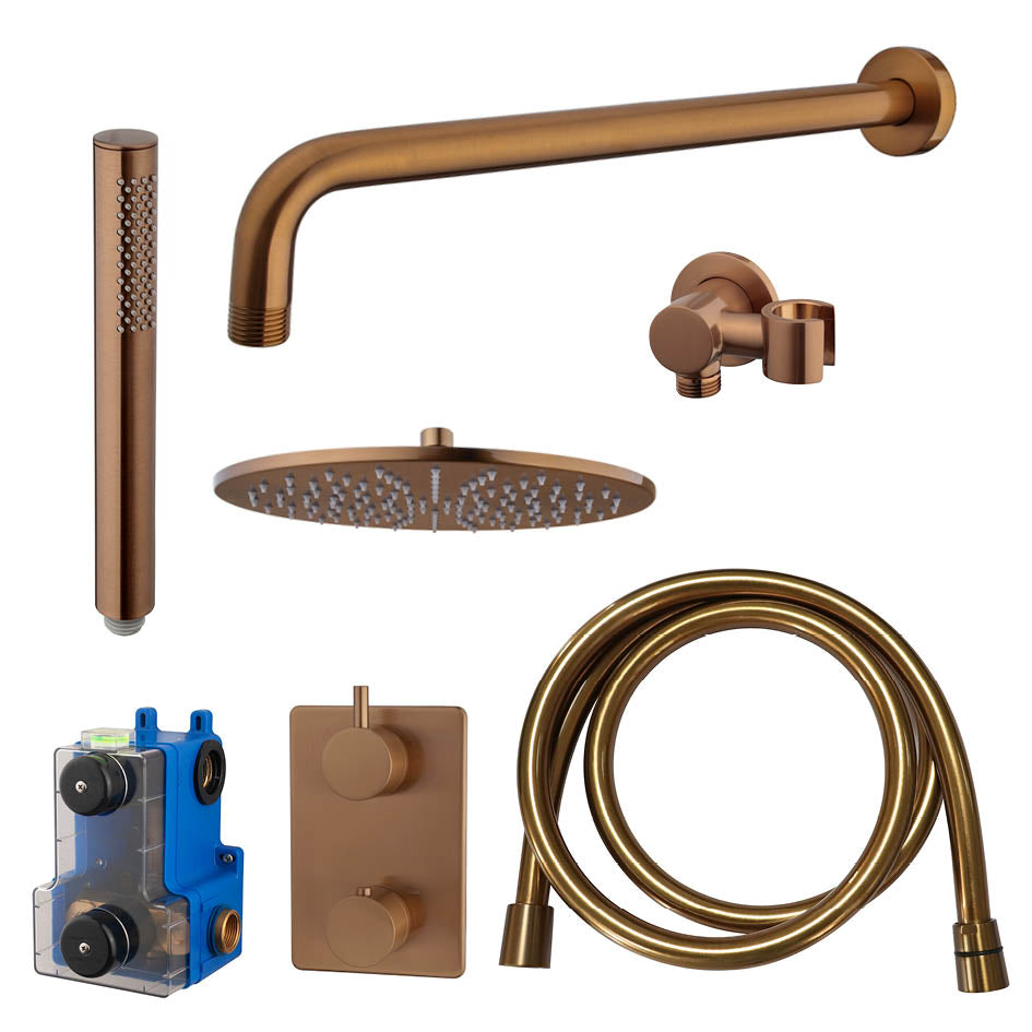 Caral inbouwthermostaat compleet met hoofddouche 30 cm en staafhanddouche geborsteld brons koper - WDtegels