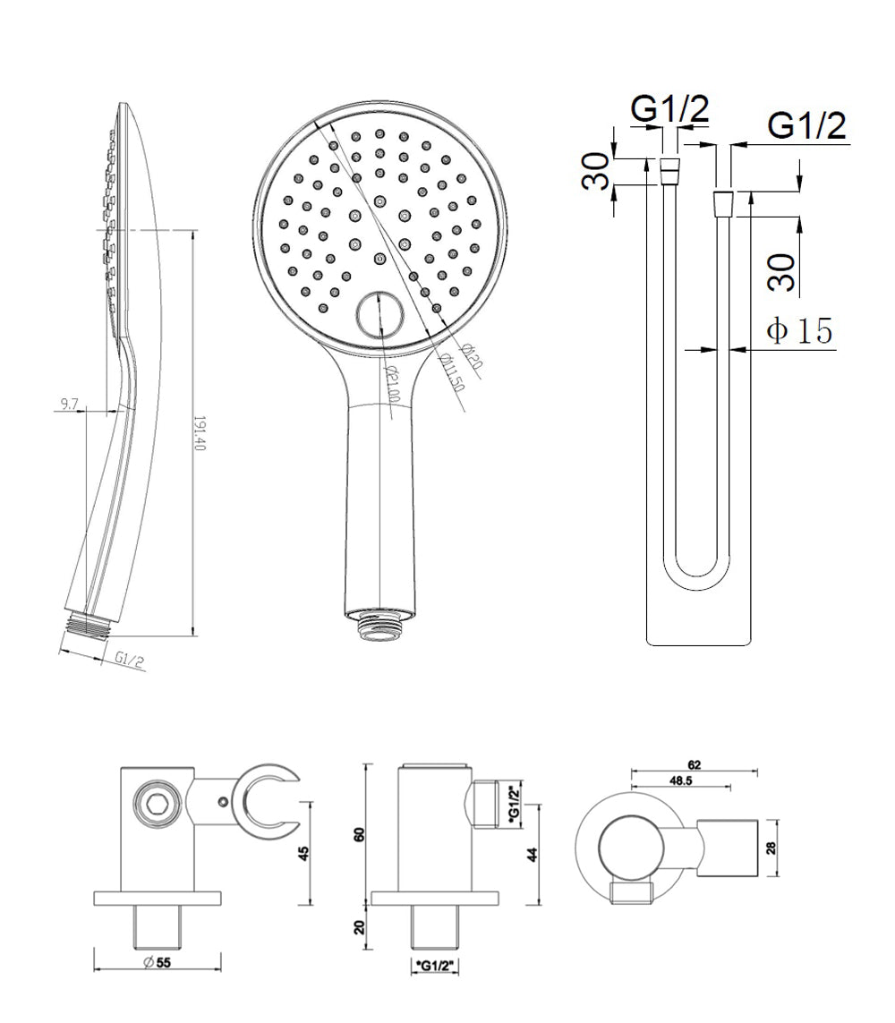 Maattekening UniMatch handdoucheset met handdouche 3 standen, doucheslang en wandaansluitbocht Ø12cm Mat zwart