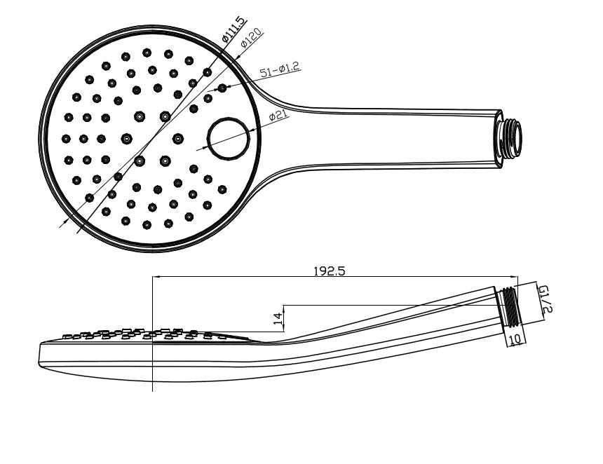 Maattekening Clic verstelbare handdouche 2 standen Ø12cm Chroom
