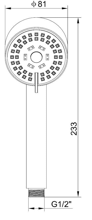 Maattekening UniMatch Cadans handdoucheset met handdouche 3 standen, doucheslang en kantelbare wandhouder Ø8cm Chroom