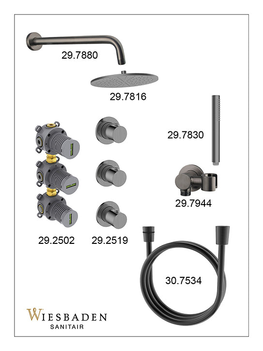 Caral inbouwthermostaat 2 stopkranen compleet met hoofddouche 30cm en staafhanddouche Gunmetal - sfeerbeeld