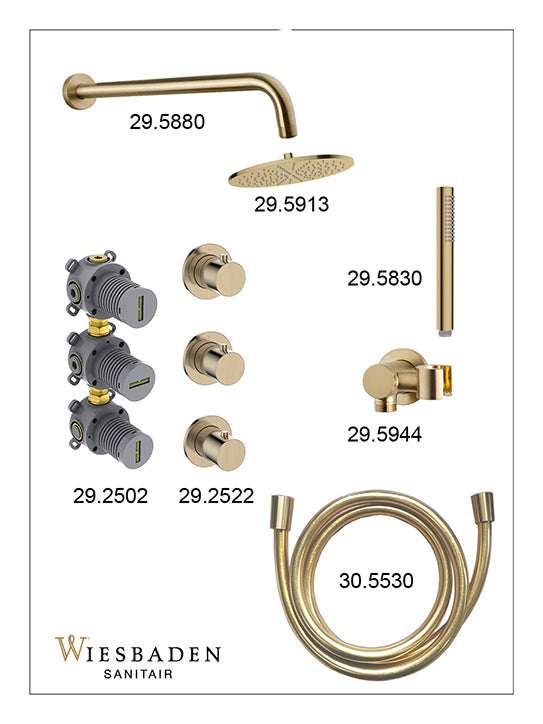 Caral inbouwthermostaat 2 stopkranen compleet met hoofddouche 25cm en staafhanddouche Geborsteld messing - sfeerbeeld