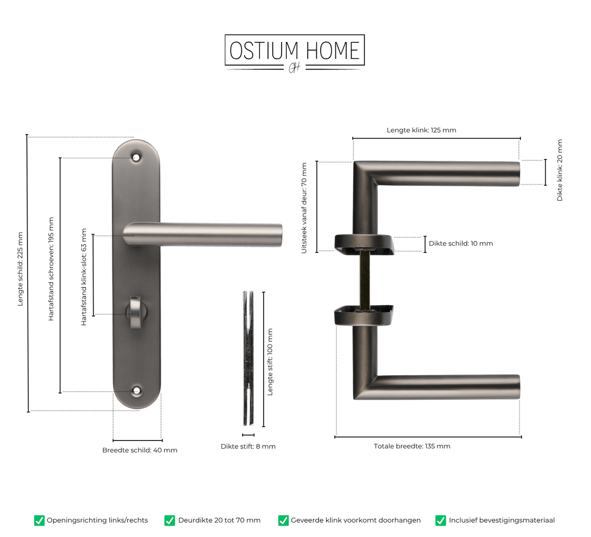 Maattekening van deurklink Torino in gun metal met WC-sluiting 63 mm