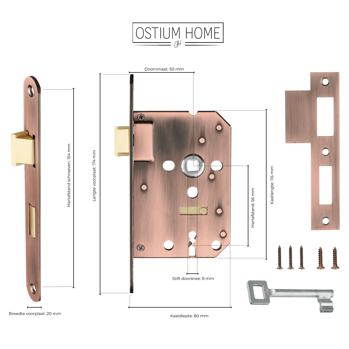 Maattekening van klavierslot koper SL 56 mm