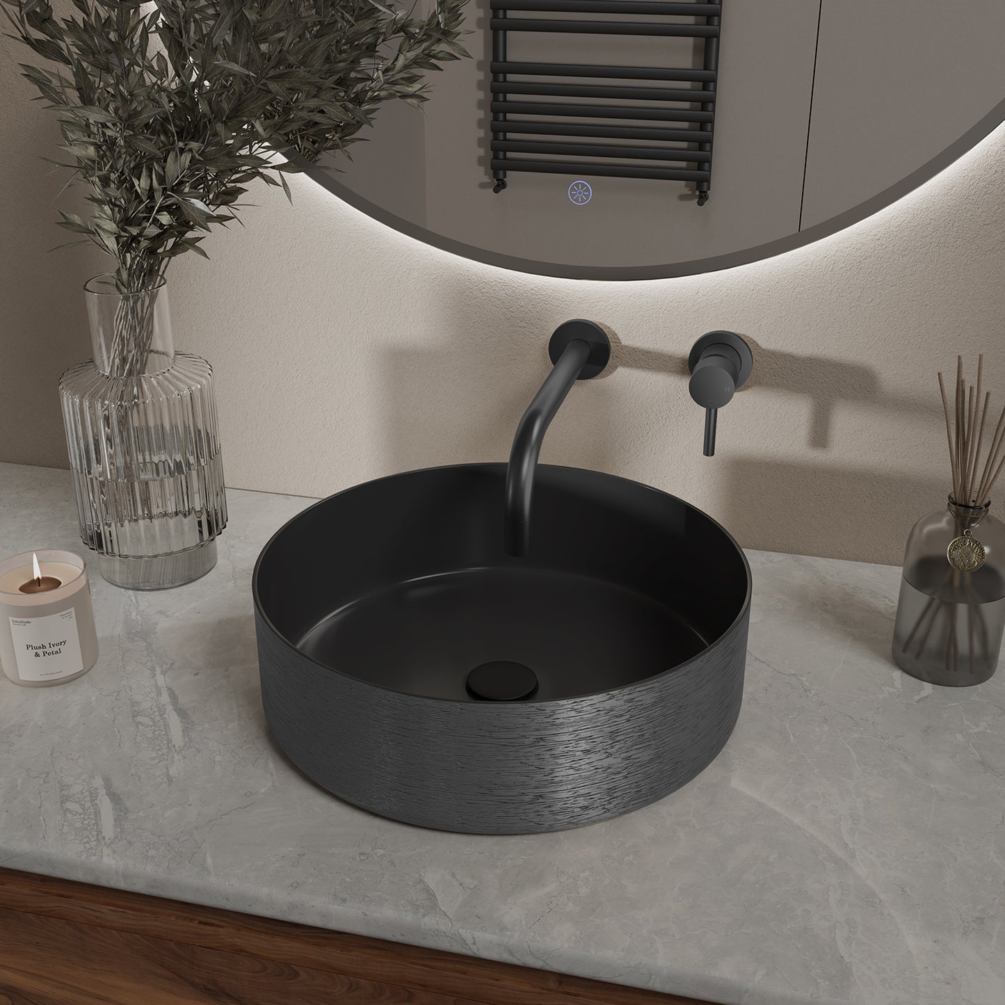 Mondri waskom rond 36 x 36 x 12 cm mat zwart/gunmetal - WDtegels