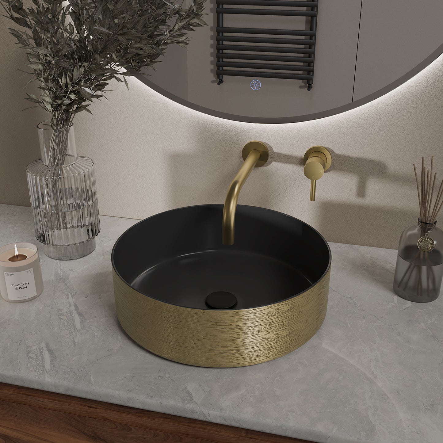 Mondri waskom rond 36 x 36 x 12 cm mat zwart/geborsteld goud - WDtegels