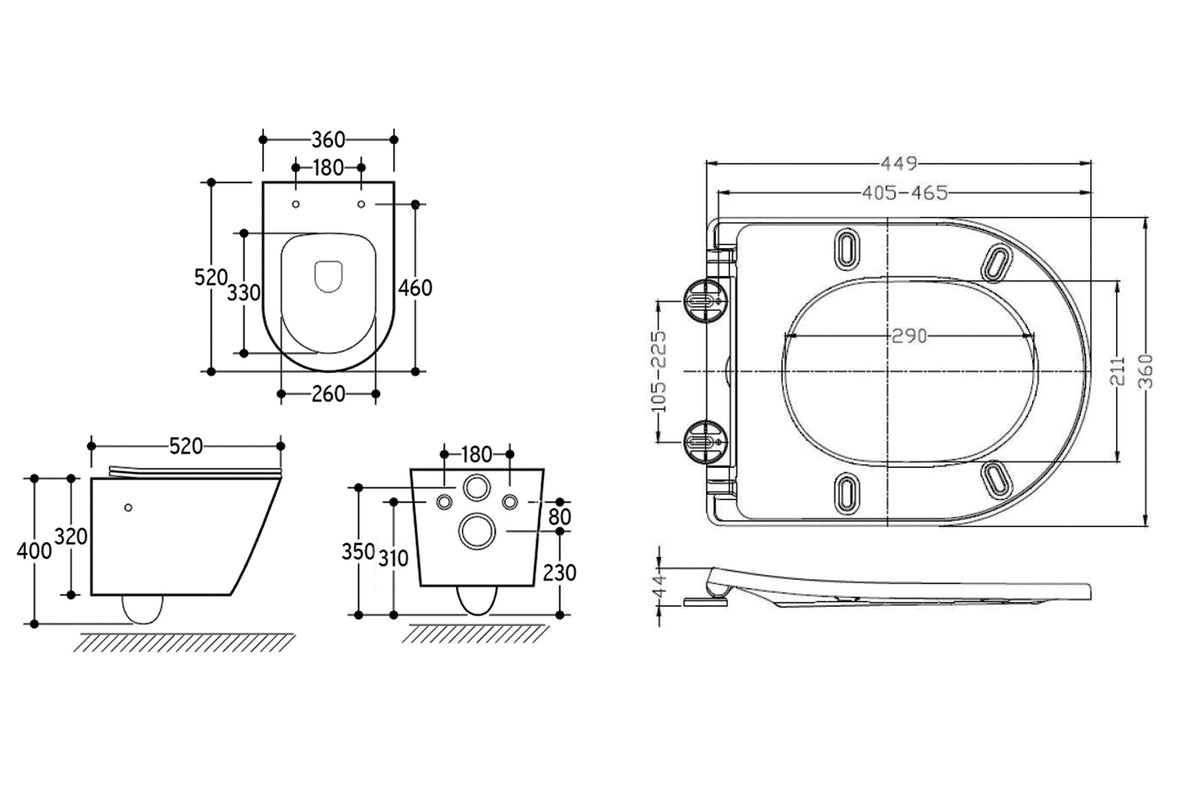 Maattekening Vesta wandcloset rimless met bidetkraan Shade slim toiletzitting Warm en koud water Mat zwart