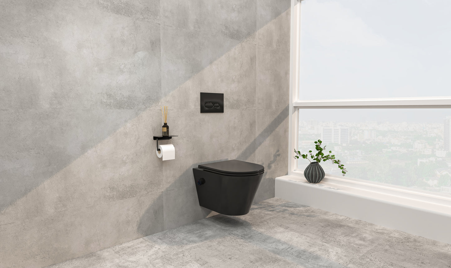 Vesta wandcloset rimless met bidetkraan warm koud water met Flatline toiletzitting mat zwart - WDtegels