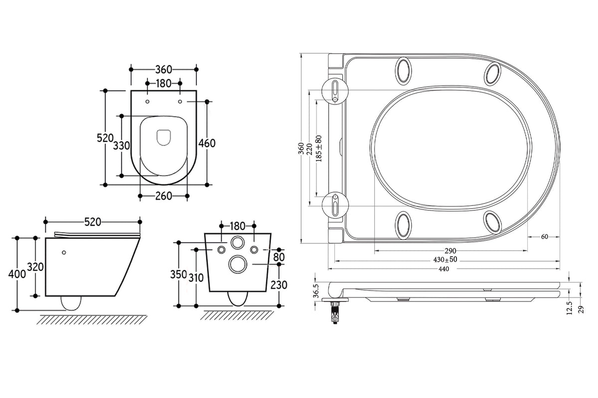 Maattekening Vesta wandcloset rimless met bidetkraan Flatline toiletzitting Warm en koud water Mat wit