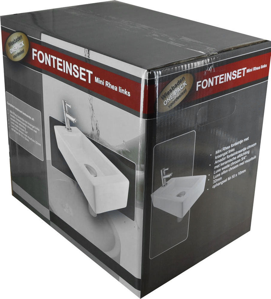 Fonteinset Rhea S mini met fontein links glans wit, kraan, sifon en afvoerplug chroom - WDtegels