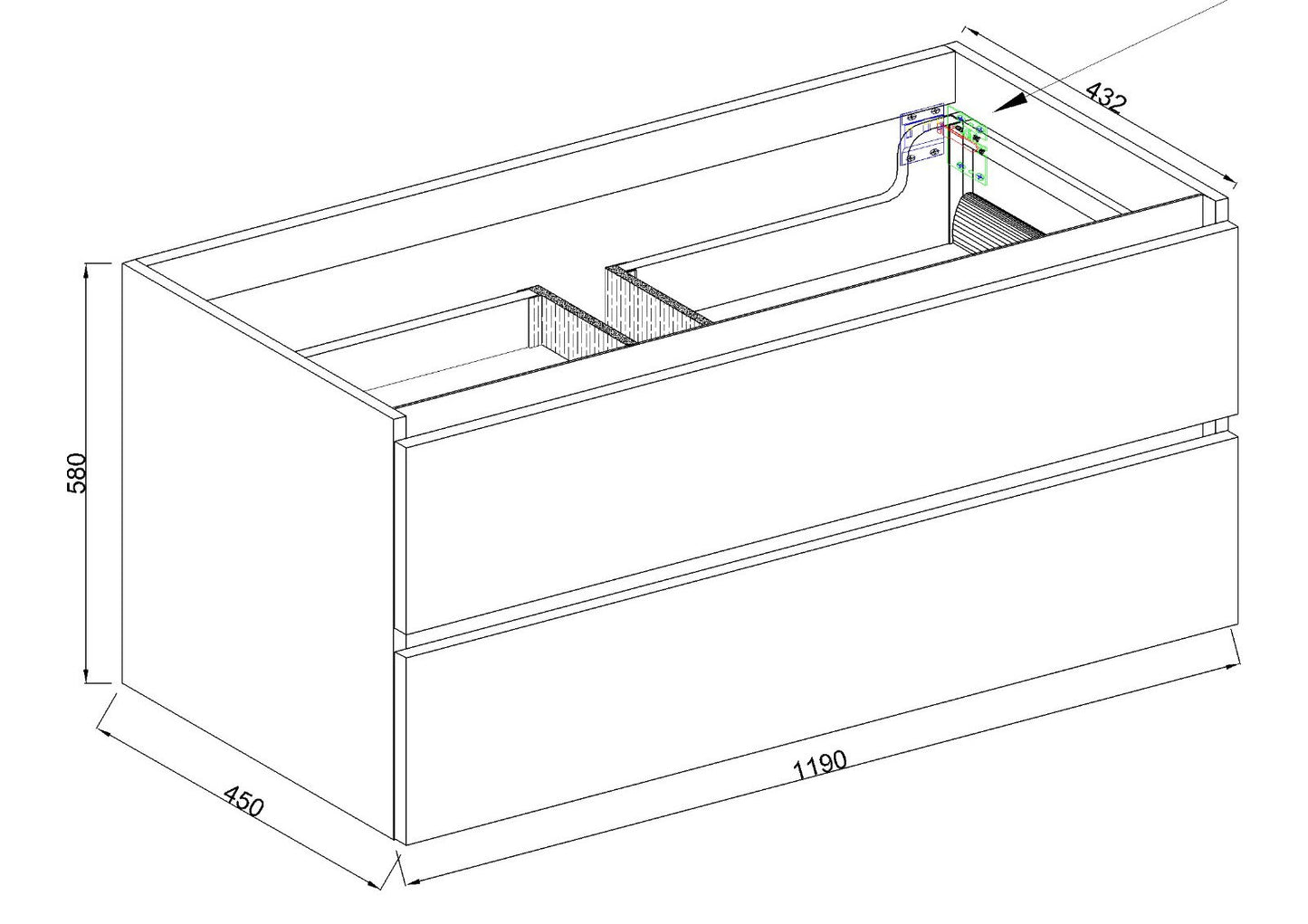 Marmaris onderkast met 2 laden 1 uitsparing 120x45x58cm mat zwart - WDtegels