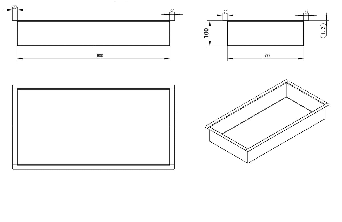 Lijntekening Demis inbouwnis 30x60x10cm geborsteld messing PVD
