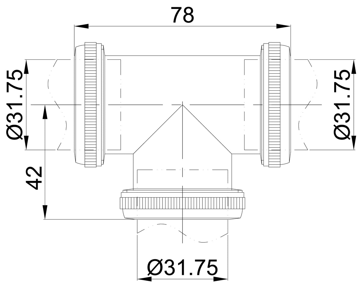 Lijntekening UniMatch buisverbinder T-stuk 32mm voor vloerbuis Chroom