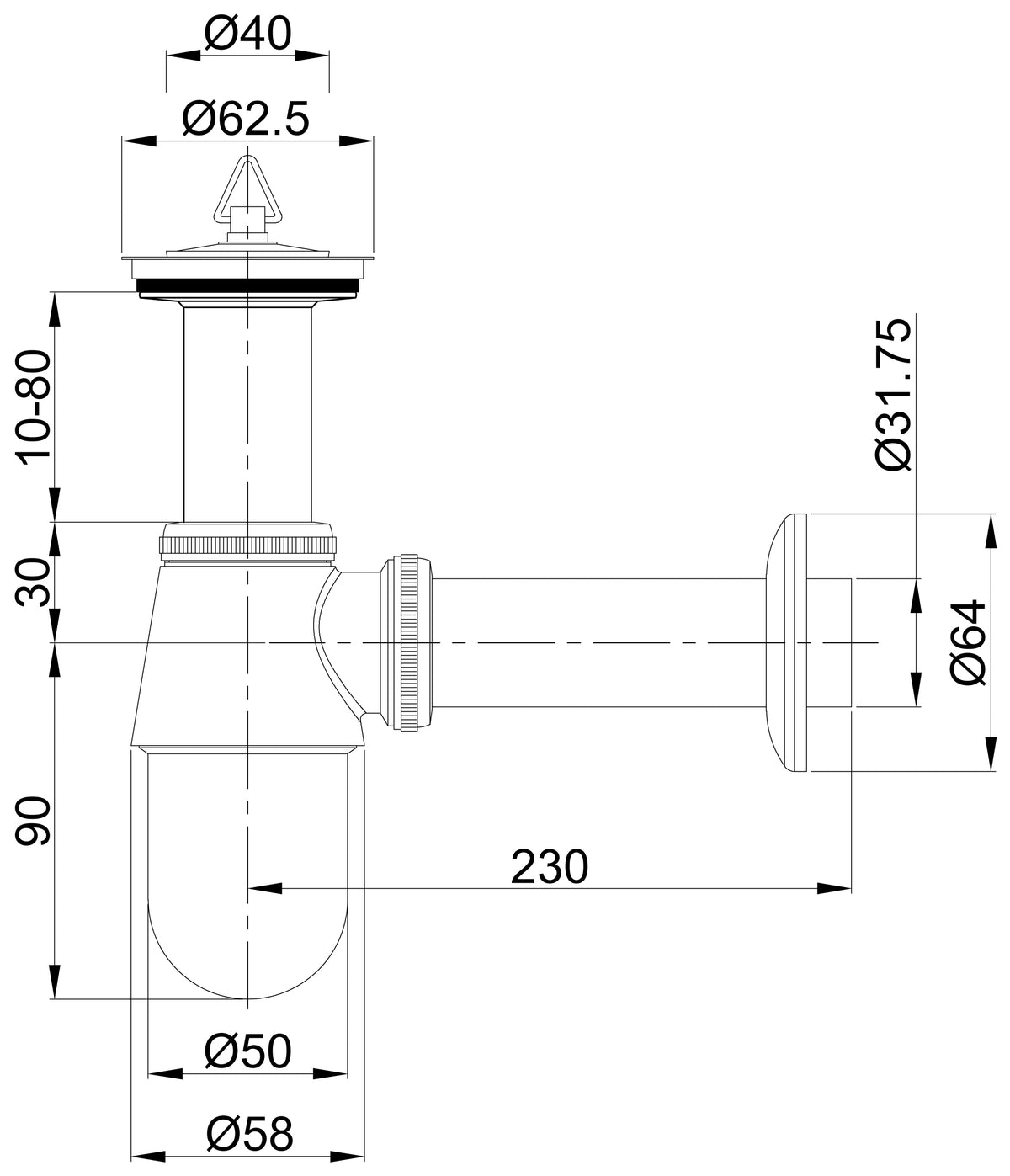 Lijntekening Plugbekersifon 5/4 inch x 32mm chroom