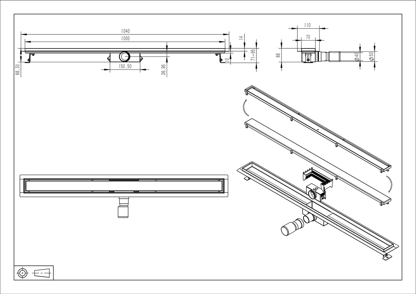 Douchegoot met flens en tegelrooster | 100x7cm | Geborsteld messing PVD - WDtegels