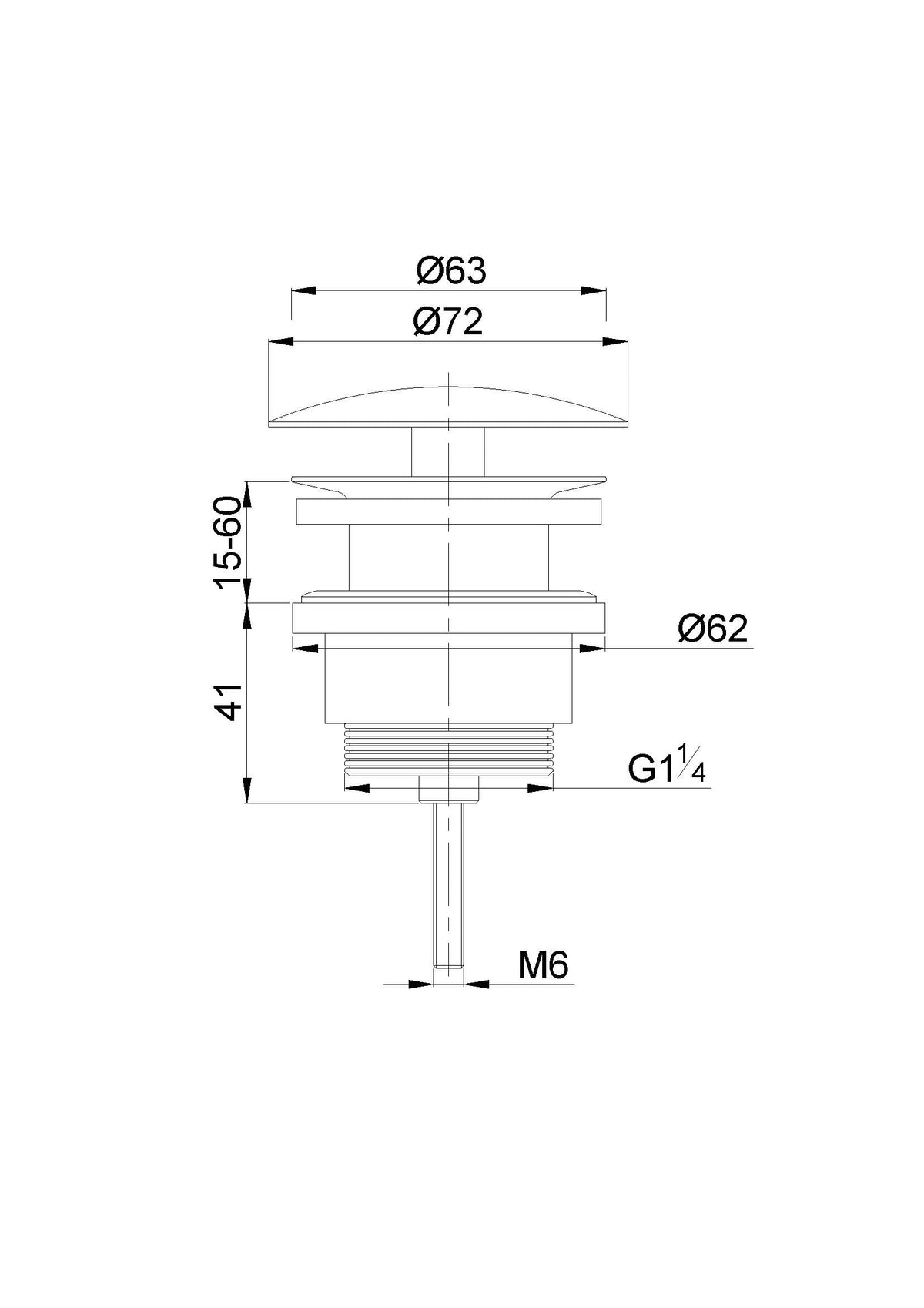 Lijntekening UniMatch open afvoerplug 5/4 inch chroom