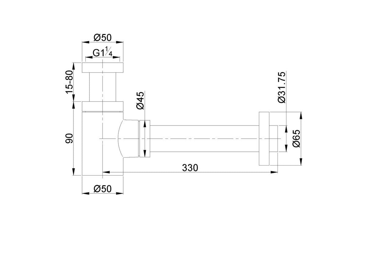 Lijntekening UniMatch fonteinsifon 5/4 inch x 32mm Mat wit