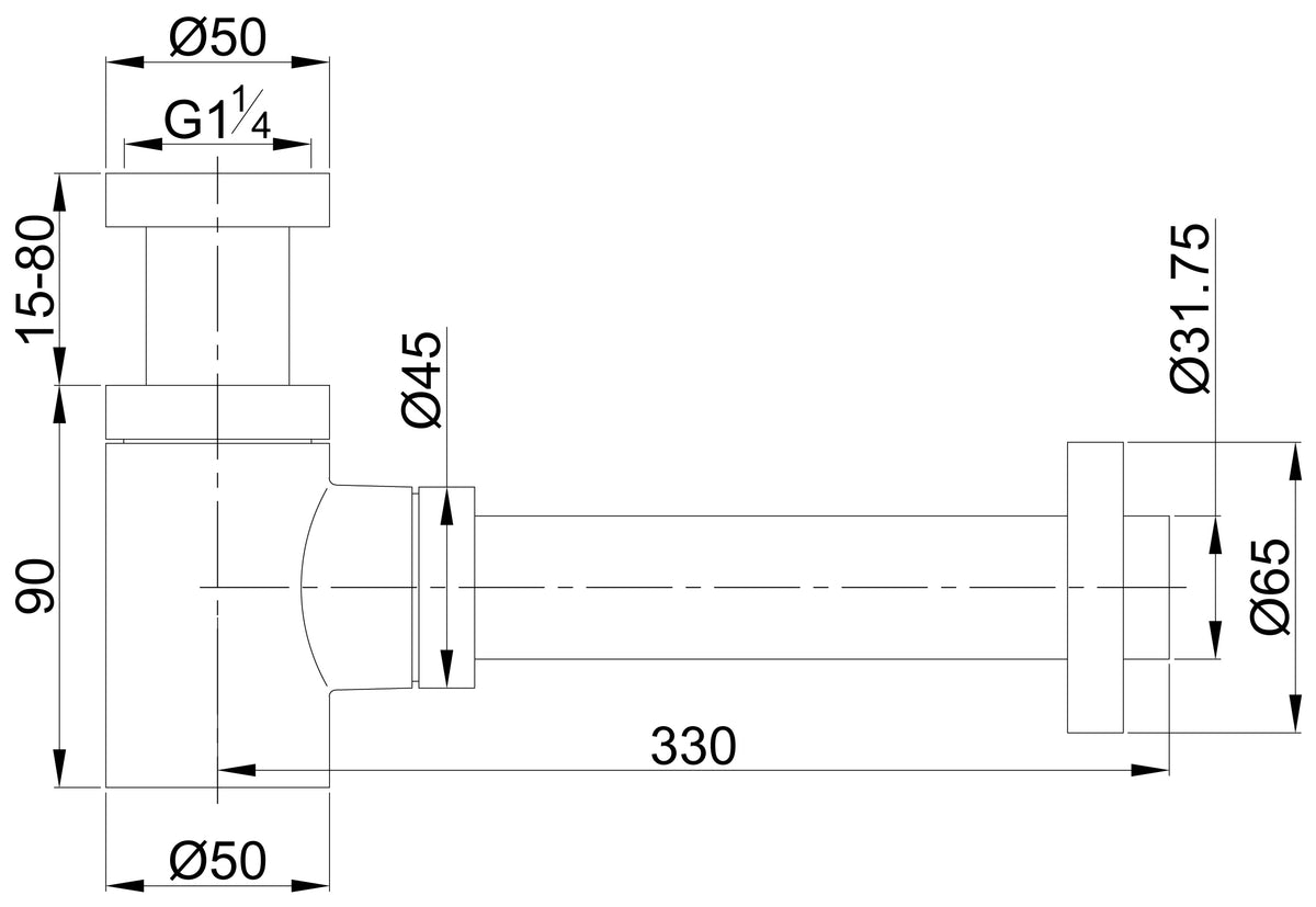 Lijntekening UniMatch fonteinsifon 5/4 inch x 32mm Chroom