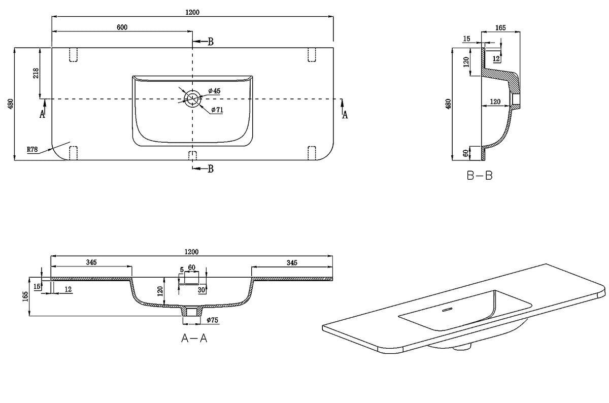 Lijntekening Laro meubelwastafel 120 x 48 x 1,5 cm solid surface beige