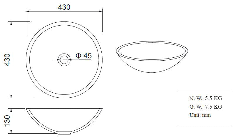 Wiesbaden Valerie waskom rond 43x13 cm solid surface mat zwart - WDtegels