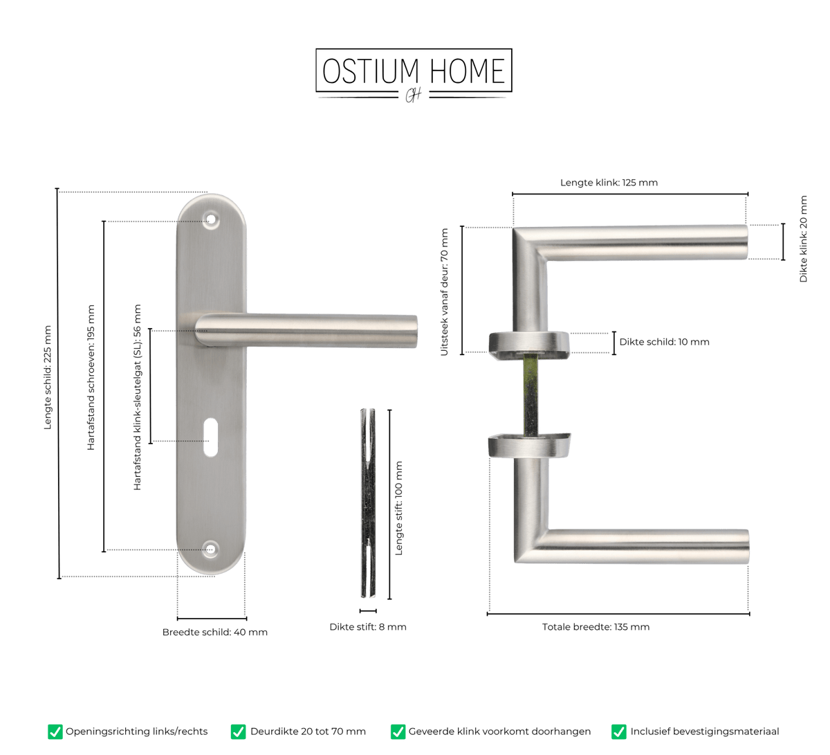 Maattekening van deurklink Volano in RVS met sleutelgat 56 mm