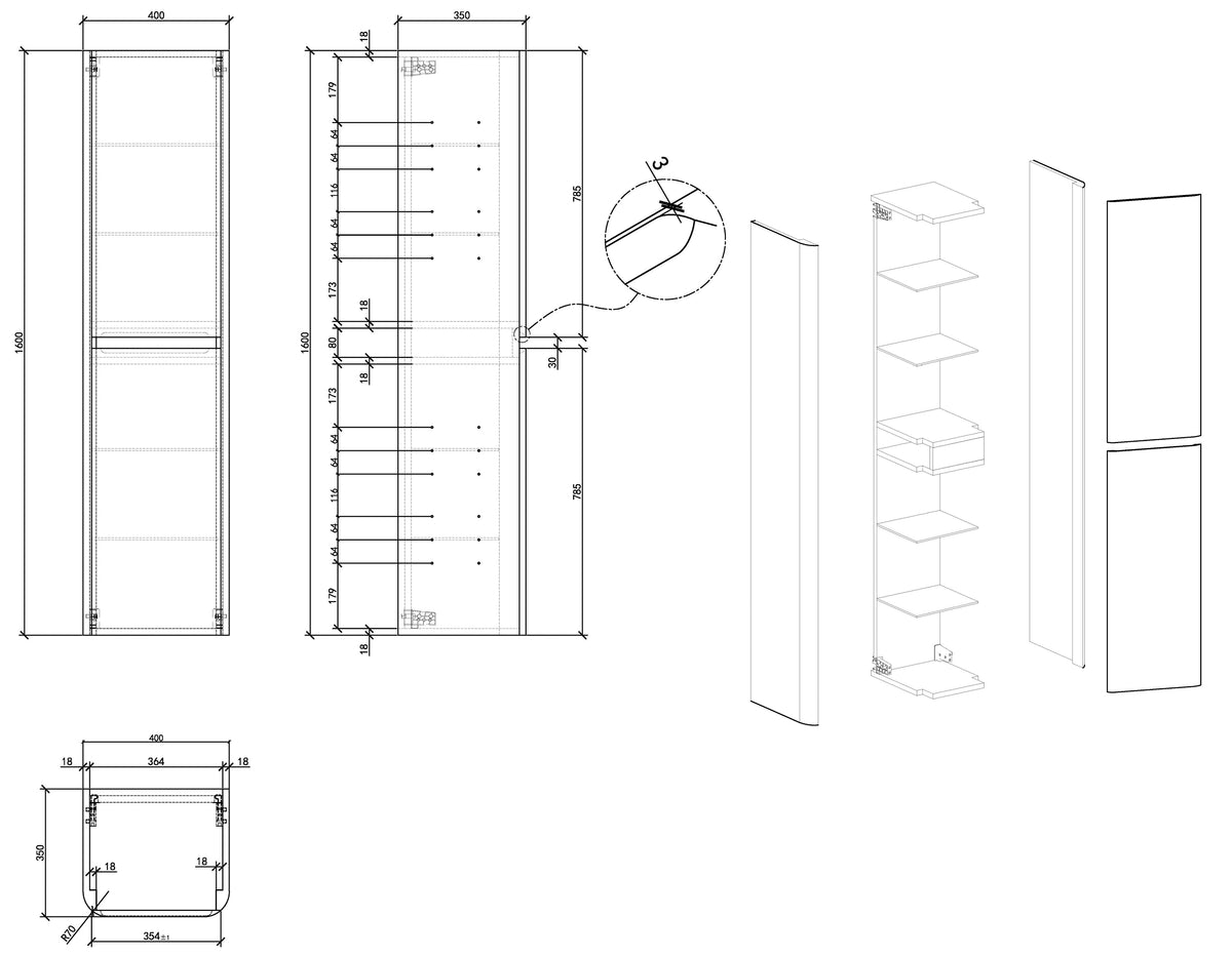 Maattekening Novira kolomkast 160x40x35cm mat zand