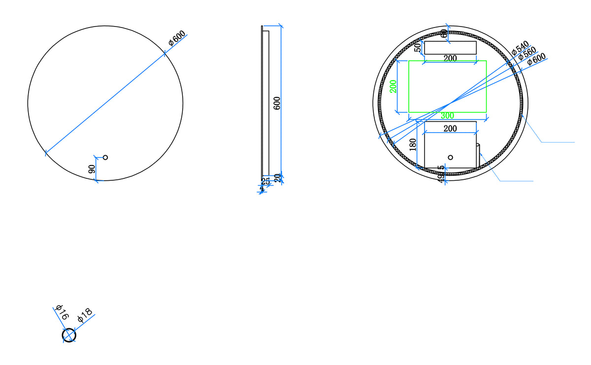 Maattekening Giro ronde badkamerspiegel 60cm