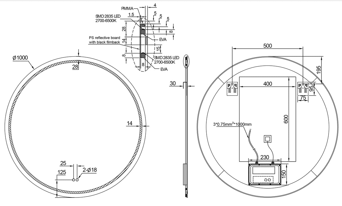 Maattekening Lumora ronde badkamerspiegel 100cm