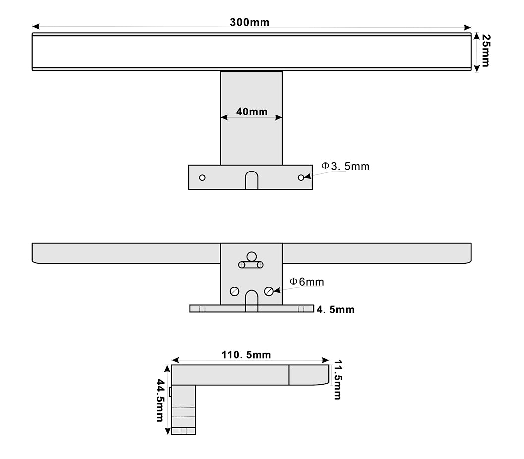 Maattekening Tigris LED-badkamerverlichting 300mm