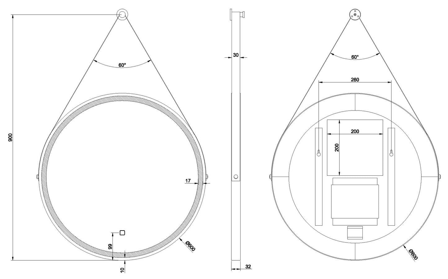 Cinto spiegel 60 cm rond met band, LED, dimbaar en spiegelverwarming mat zwart - WDtegels