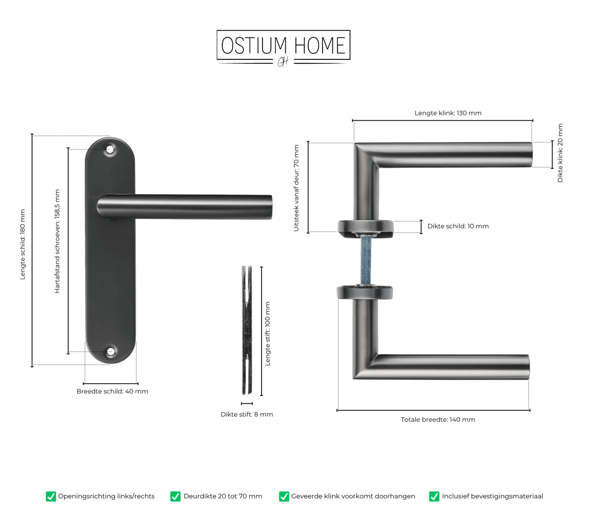 Maattekening van deurklink Silvano in gun metal