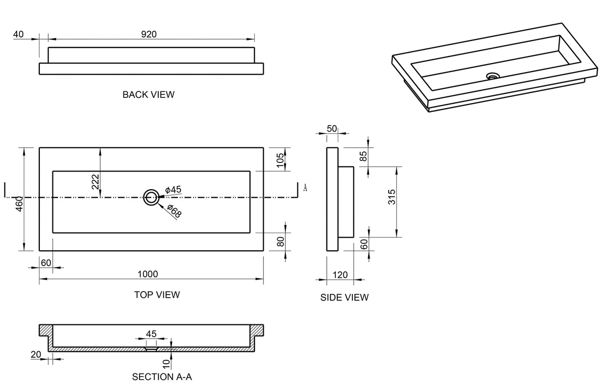 Lijntekening Raw meubelwastafel 100 x 46 x 5 cm hardsteen gezoet