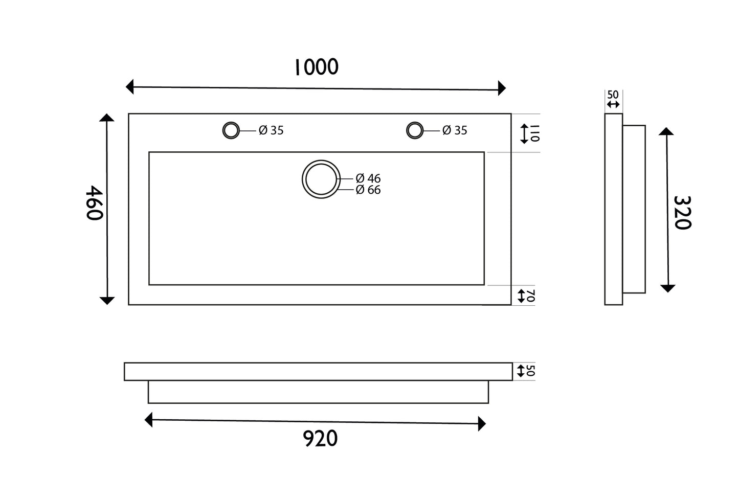 Base de mueble de piedra dura Wiesbaden. 100x46x5 con 2 agujeros perforados.