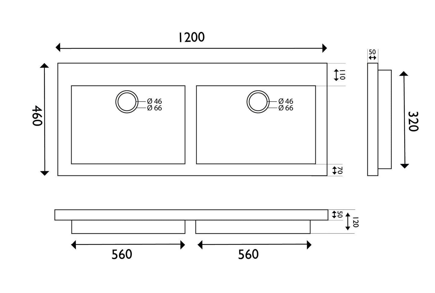 Wiesbaden hardstenen meubelwast. Dubbel 120x46x5 zo.kr.gat