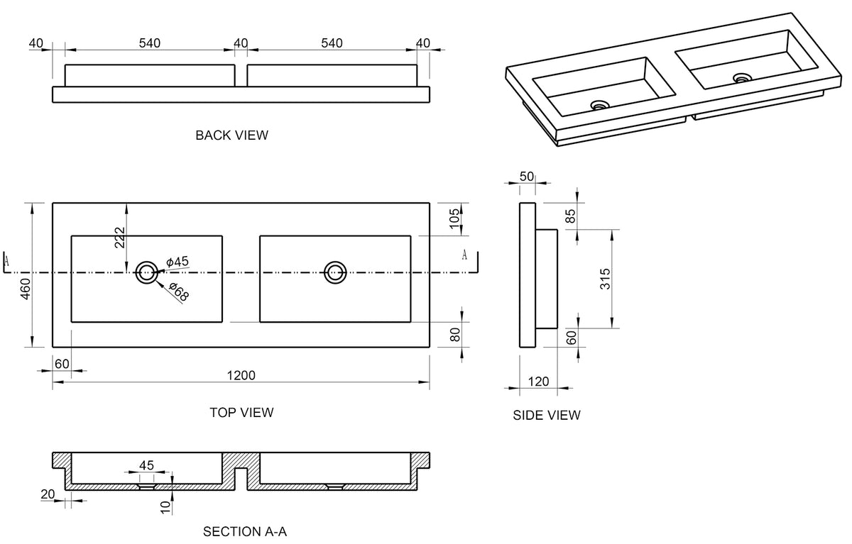 Lijntekening Raw dubbele meubelwastafel 120 x 46 x 5 cm hardsteen gezoet