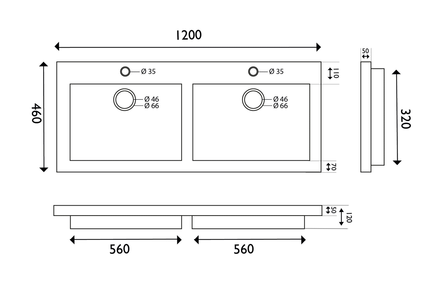 Wiesbaden hardstenen meubelwast. Dubbel 120x46x5 met 2 kr.gaten