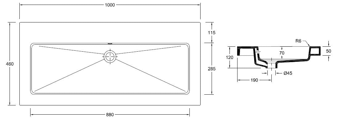 Lijntekening Kera meubelwastafel 100 x 46 x 5 cm keramiek glans wit