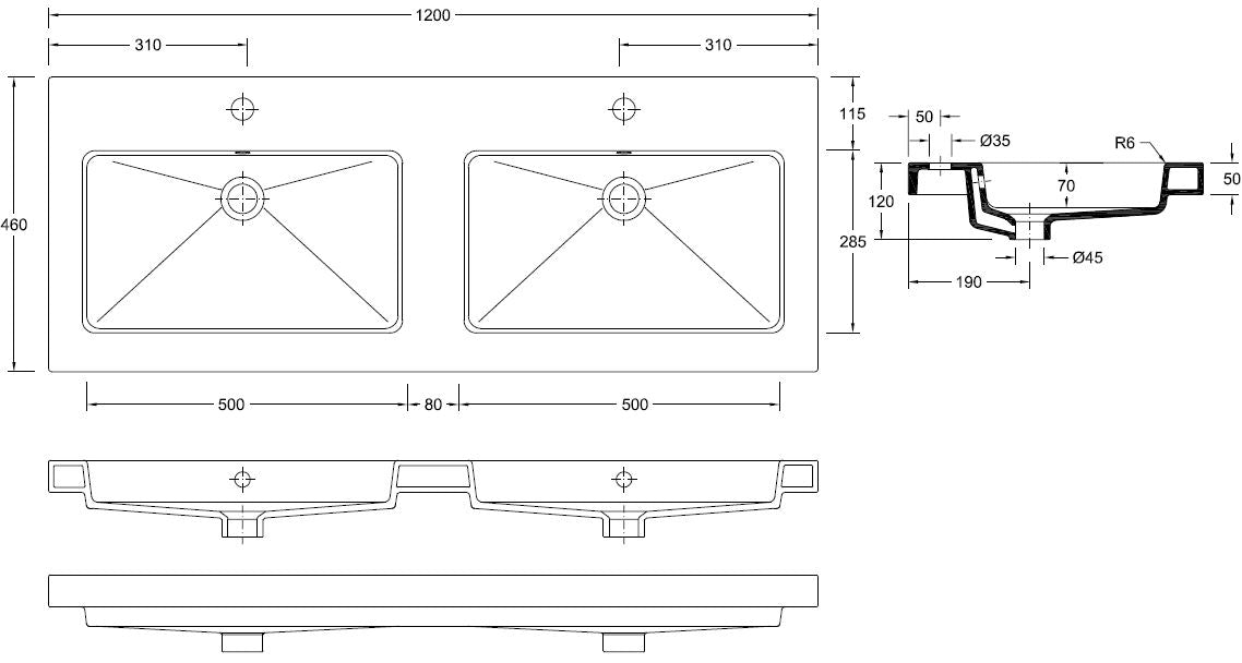 Lijntekening Kera dubbele meubelwastafel 120 x 46 x 5 cm keramiek glans wit