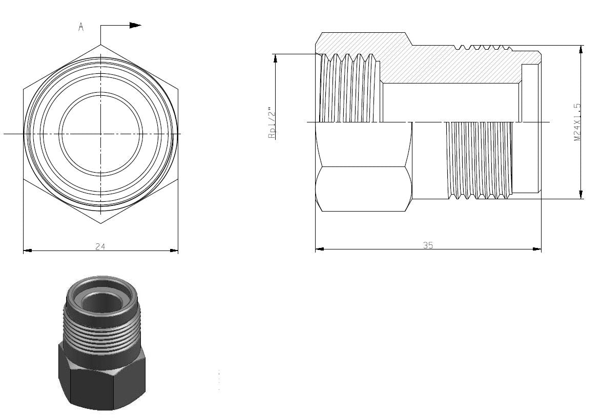 Lijntekening Gaskoppeling 1/2 inch binnendraad x M-24 vernikkeld