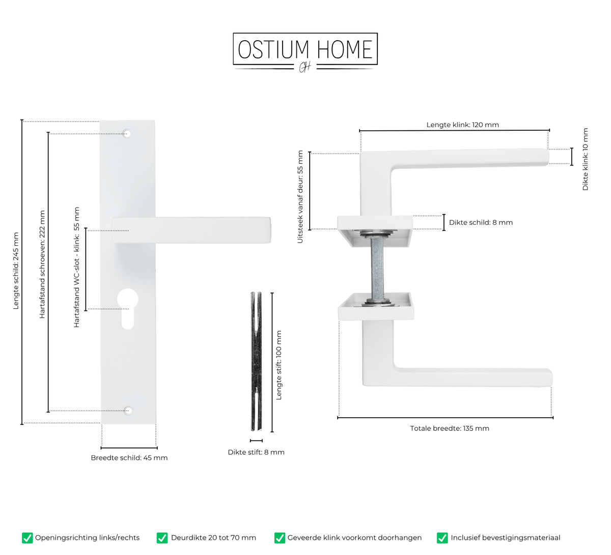 Maattekening van deurklink Lorto in wit met cilindergat 55 mm