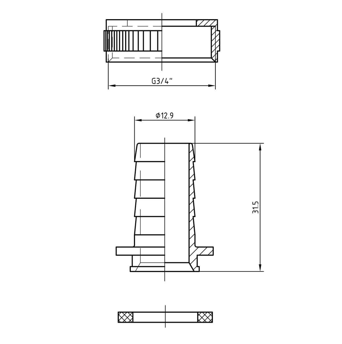 Lijntekening Chroom slangwartelset 1/2x3/4 met borgring