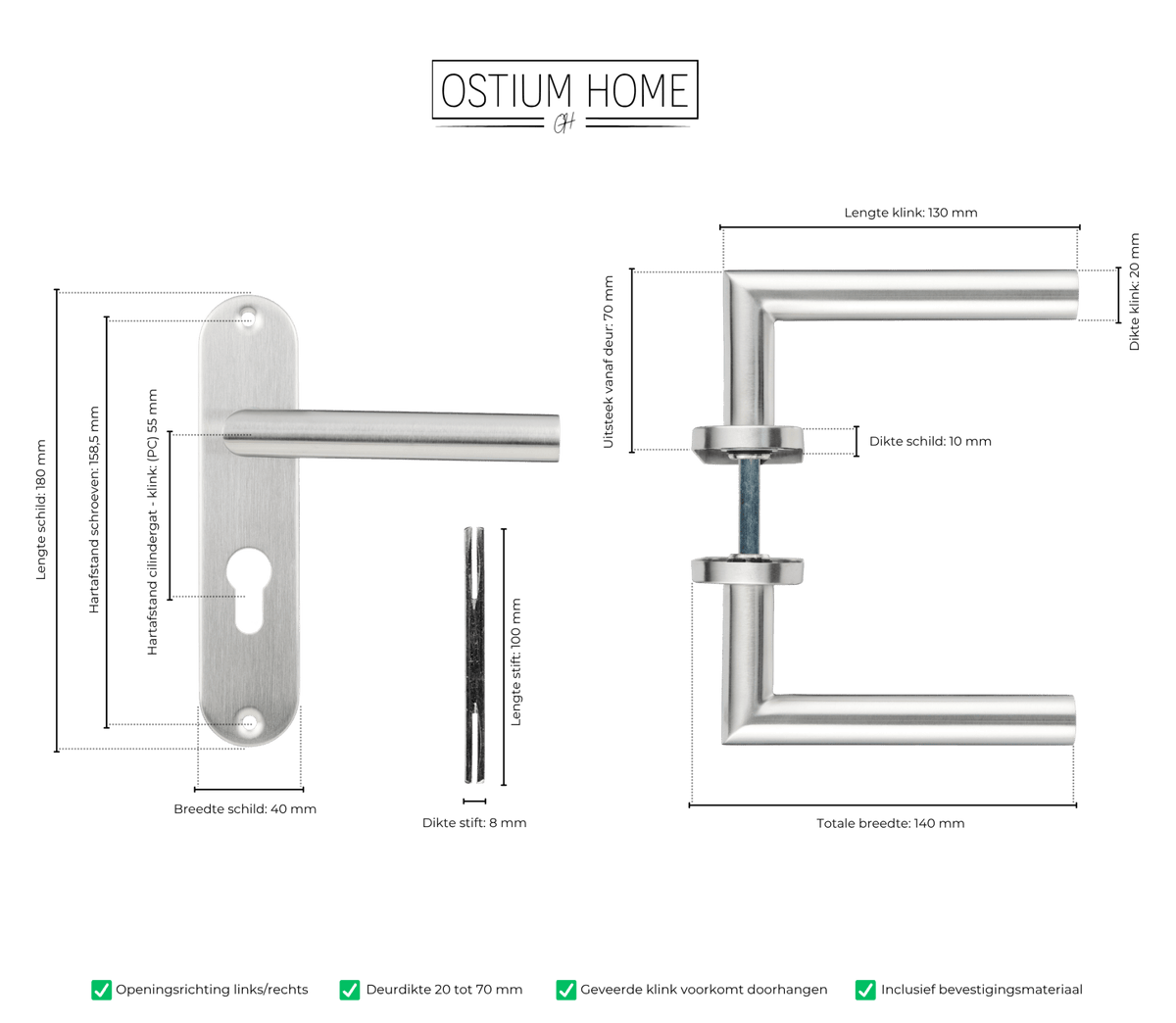 Maattekening van deurklink Rondo in RVS met cilindergat
