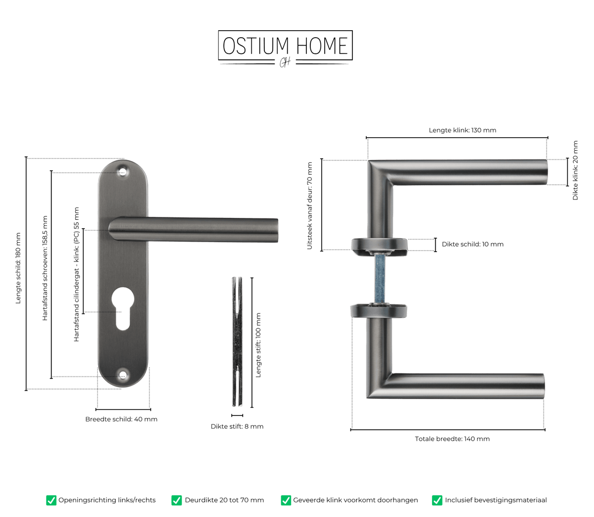 Maattekening van deurklink Silvano in gun metal met cilindergat